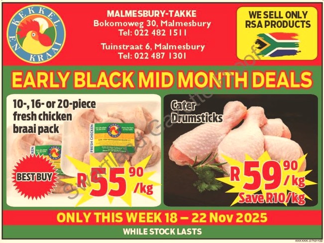 Kekkel en Kraai Malmesbury bied slegs hierdie week, van 18 - 22 November, 'n spesiale geleentheid met hul Early Black Mid Month Deals aan! Hierdie aanbod is perfek vir diegene wat vars, plaaslike produkte direk van die plaas na hul tafel wil bring.  Moenie hierdie beperkte aanbod misloop nie!.