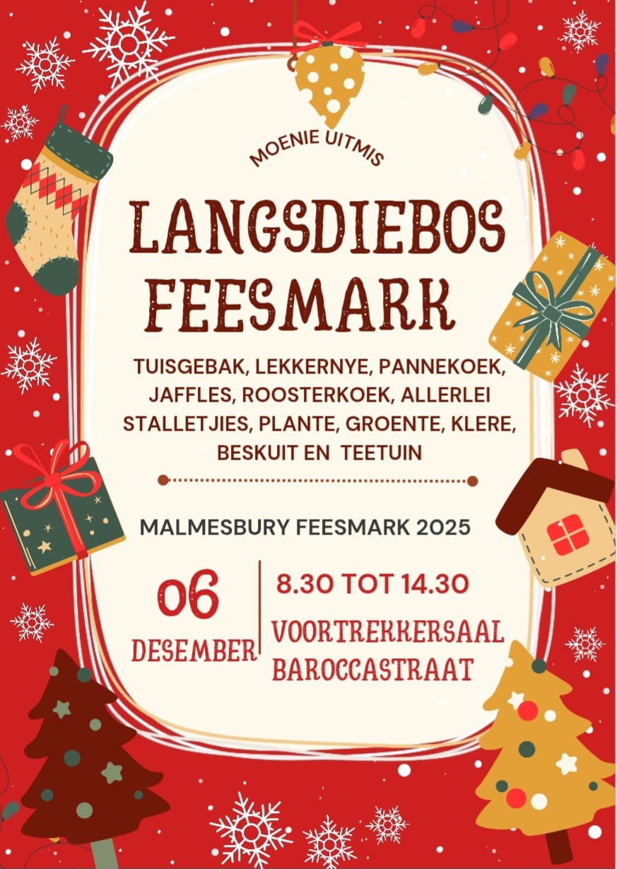 Langs die Bos Mark bied op 6 Desember van 08:30 tot 14:30 'n heerlike fees aan. Besoekers kan uitsien na 'n dag vol lekkernye, vars pannekoeke en 'n verskeidenheid ander produkte en aktiwiteite. Dit is 'n ideale geleentheid om saam met familie en vriende te kuier, die gemeenskap te ondersteun en unieke items te ontdek. Maak seker om nie hierdie prettige en smaaklike dag mis te loop nie! 