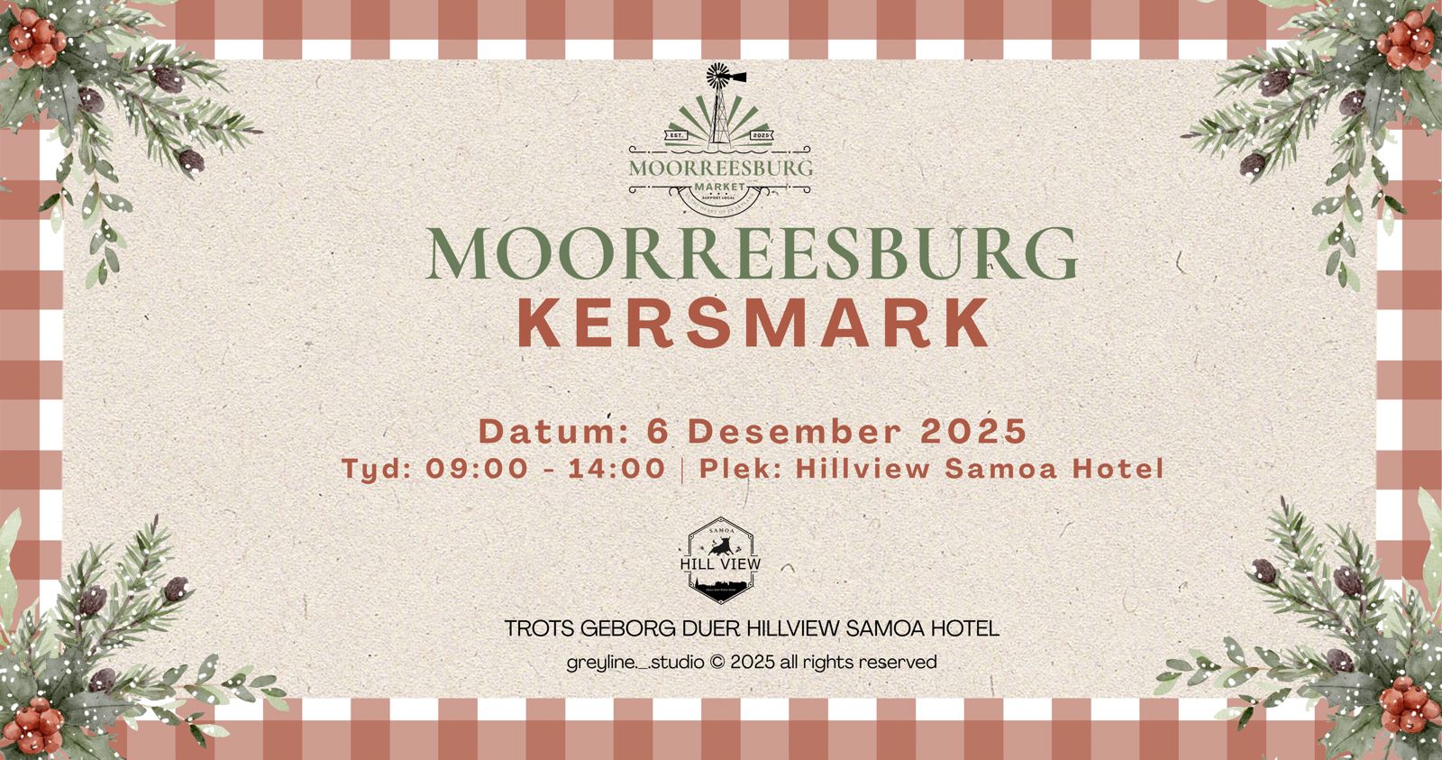 Moorreesburg Kersmark by Hillview Samoa Hotel: 6 Des, 09:00–14:00. Unieke handgemaakte geskenke, feestelike atmosfeer. Ondersteun plaaslike handelaars – kom vroeg vir beste keuses!  Vir meer inligting besoek die Hillview Samoa hotel in Moorreesburg of ons events kalender by PERRONFM.CO.ZA