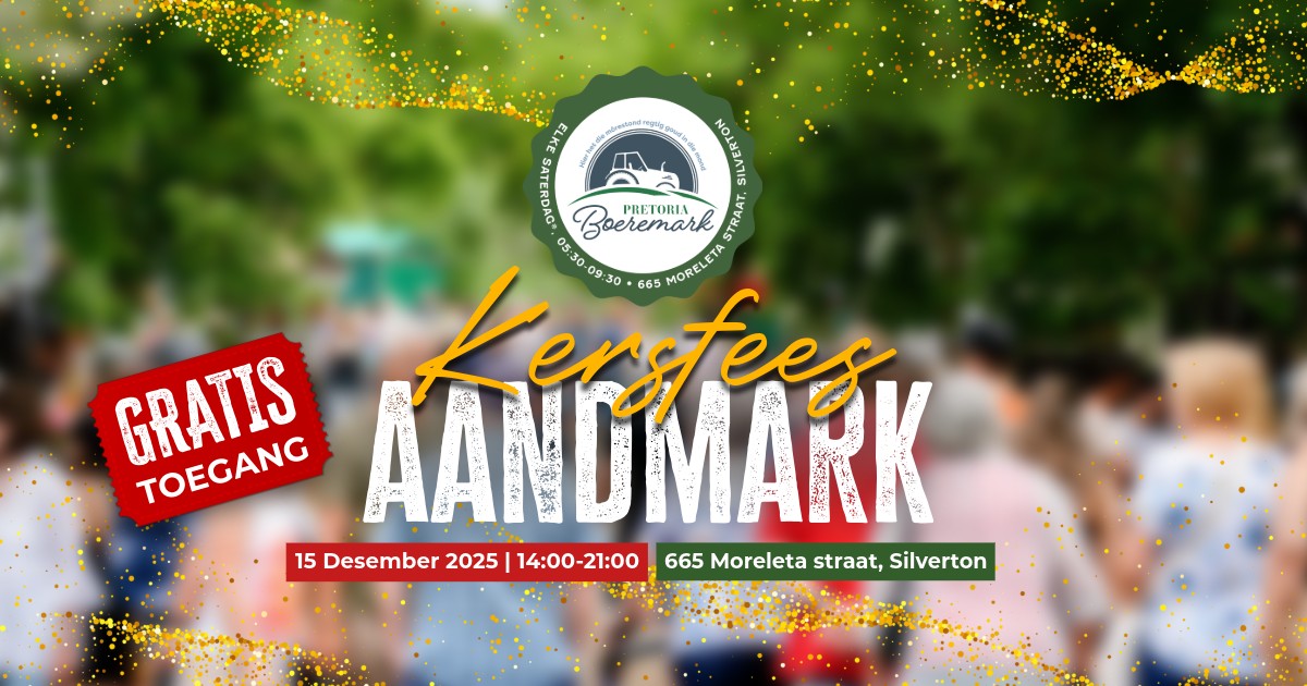 Kom geniet 'n vreugdevolle en feestelike ervaring by die Pretoria Boeremark se Kersfees Aandmark op die 15de Desember! Hierdie spesiale geleentheid vind plaas in Silverton, Pretoria, by 665 Moreleta Straat. Die mark sal vanaf 14:00 tot 21:00 oop wees, en dit beloof om 'n wonderlike aand vol Kersfees feesvieringe, heerlike kosstalletjies, unieke handgemaakte geskenke en 'n gesellige atmosfeer te wees. Dit is die perfekte geleentheid om saam met vriende en familie te kuier en in die feestelike gees te kom. Moenie hierdie besonderse gebeurtenis misloop nie! Vir meer inligting kontak 079 987 1025. 