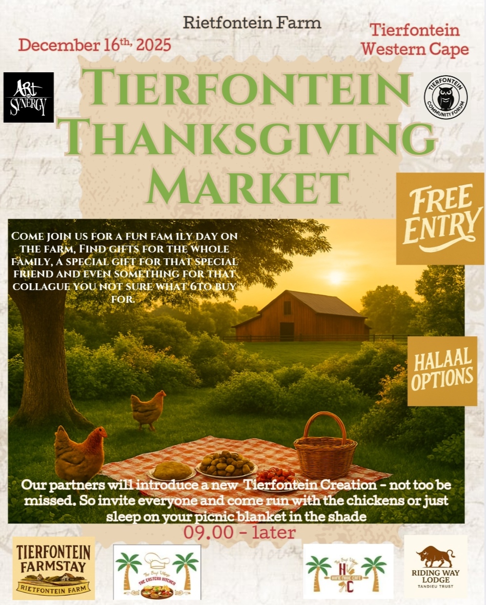 Tierfontein Thanksgiving Market: 16 Des 2025, 09:00–laat op Rietfonteinfarm Buite malmesbury. Ons bied Unieke geskenke, Halaal kos, nuwe produkte, piekniek. Gratis toegang. Verkopers: paar plekkies oop – Bel 064 251 1250 of besoek die events kalender by PERRONFM.co.za