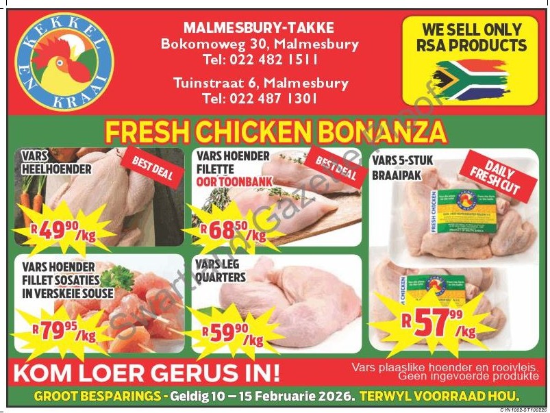 Kom loer gerus in by Kekkel en Kraai Malmesbury in Bokomo Weg 30 vir spesiale aanbiedinge, en spaar groot. Geldig van die 10 - 15 Februarie 2026. Terwyl voorraad hou! Kekkel en Kraai - Van die Plaas, Na die Tafel.!