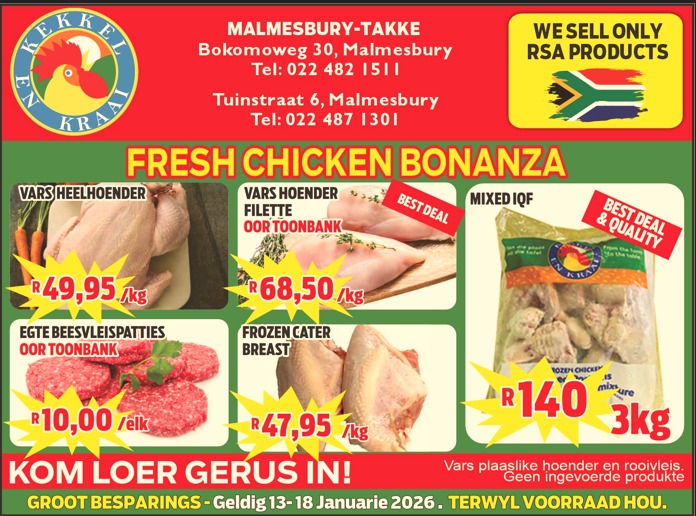 Kom loer gerus in by Kekkel en Kraai Malmesbury in Bokomo Weg 30 vir spesiale aanbiedinge, en spaar groot. Geldig van die 13 - 18 Januarie 2026. Terwyl voorraad hou! Kekkel en Kraai - Van die Plaas, Na die Tafel.!