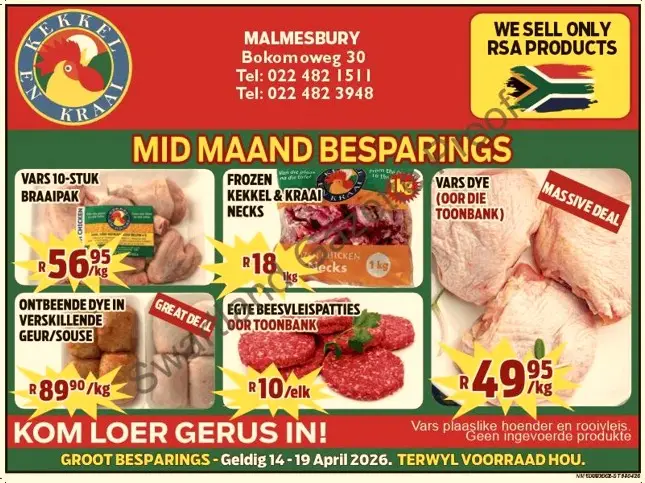 Kom loer gerus in by Kekkel en Kraai Malmesbury in Bokomo Weg 30 vir spesiale aanbiedinge, en spaar groot. Geldig van die 14 - 19 April 2026. Terwyl voorraad hou! Kekkel en Kraai - Van die Plaas, Na die Tafel.!