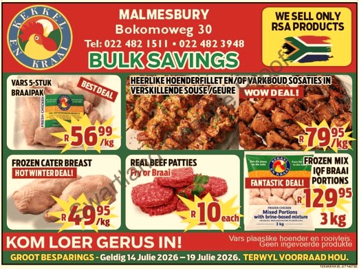Kom loer gerus in by Kekkel en Kraai Malmesbury in Bokomo Weg 30 vir spesiale aanbiedinge, en spaar groot. Geldig van die 14 - 19 Julie 2026. Terwyl voorraad hou! Kekkel en Kraai - Van die Plaas, Na die Tafel.!