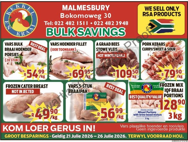 Kom loer gerus in by Kekkel en Kraai Malmesbury in Bokomo Weg 30 vir spesiale aanbiedinge, en spaar groot. Geldig van die 21 - 26 Julie 2026. Terwyl voorraad hou! Kekkel en Kraai - Van die Plaas, Na die Tafel.!