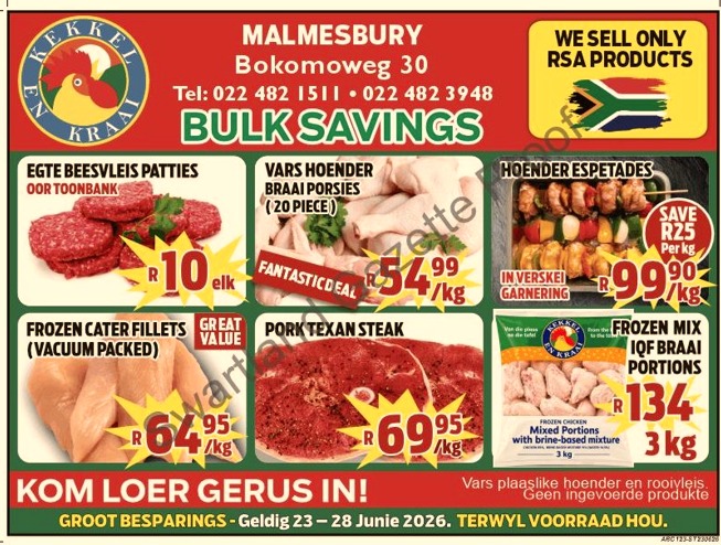 Kom loer gerus in by Kekkel en Kraai Malmesbury in Bokomo Weg 30 vir spesiale aanbiedinge, en spaar groot. Geldig van die 23 - 28 June 2026. Terwyl voorraad hou! Kekkel en Kraai - Van die Plaas, Na die Tafel.!
