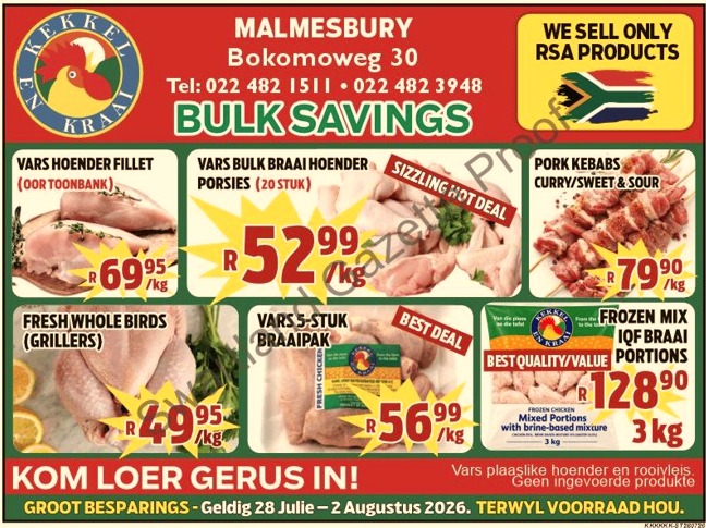 Kom loer gerus in by Kekkel en Kraai Malmesbury in Bokomo Weg 30 vir spesiale aanbiedinge, en spaar groot. Geldig van die 28 Julie - 2 Augustus 2026. Terwyl voorraad hou! Kekkel en Kraai - Van die Plaas, Na die Tafel.!