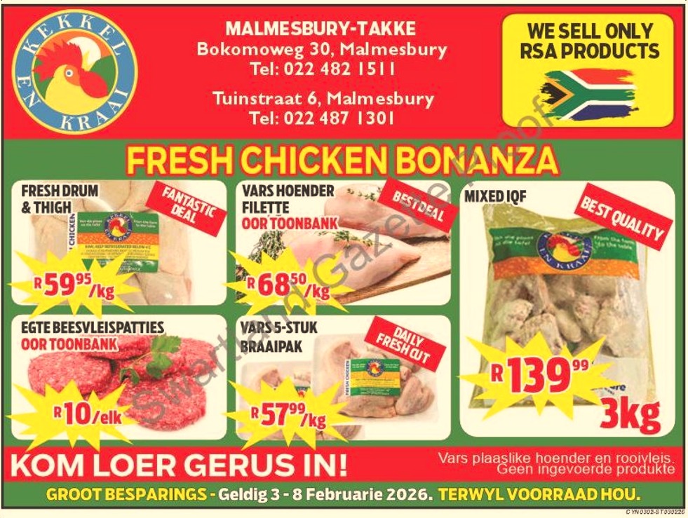 Kom loer gerus in by Kekkel en Kraai Malmesbury in Bokomo Weg 30 vir spesiale aanbiedinge, en spaar groot. Geldig van die 3 - 8 Januarie 2026. Terwyl voorraad hou! Kekkel en Kraai - Van die Plaas, Na die Tafel.!