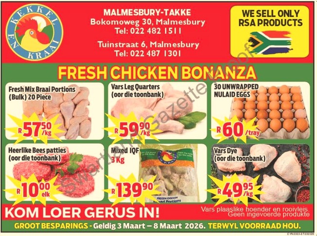 Kom loer gerus in by Kekkel en Kraai Malmesbury in Bokomo Weg 30 vir spesiale aanbiedinge, en spaar groot. Geldig van die 3 - 8 Maart 2026. Terwyl voorraad hou! Kekkel en Kraai - Van die Plaas, Na die Tafel.!