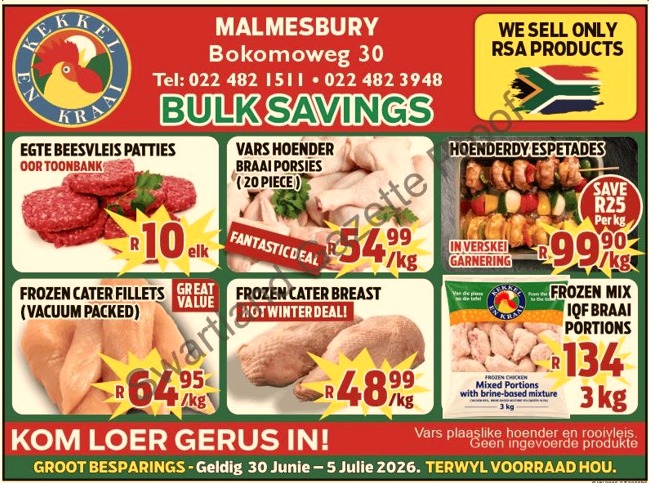 Kom loer gerus in by Kekkel en Kraai Malmesbury in Bokomo Weg 30 vir spesiale aanbiedinge, en spaar groot. Geldig van die 30st Junie - 5 Julie 2026. Terwyl voorraad hou! Kekkel en Kraai - Van die Plaas, Na die Tafel.!