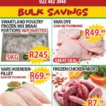 Kom maak ’n draai by Swartland Paultry Factory Shop en Henk's Vleismark in Bokomoweg 30 vir ons “Bulk Savings”!  Van 20 tot 25 Oktober spaar jy groot — solank voorraad hou!  Bestel op WhatsApp by 084 552 2225, of bel 022 482 1511 of 022 482 3948.  Kekkel en Kraai — van die plaas na die tafel!  Besoek ook die Perronfm Avontuurkalender vir meer.