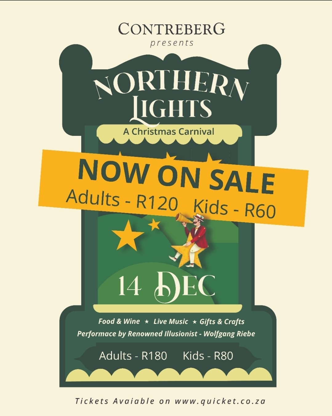 Berei jou voor om verstom te word! Contreberg Darling se " Northern Lights" Magiese Skou gebeur op 14 December 2025! 'n Kers-karnaval familie-geleentheid wat jy nie mag misloop nie! Heerlike kos, wyn, geskenke, kunsvlyt, lewendige musiek...en asemrowende towerspel deur wêreldbekende illusioniste! Kaartjies is beperk - gryp joune nou op Quicket: https://www.quicket.co.za/events/347652-northern-lights-magical-show/?ref=events-list#/ ! Google Contreberg Darling of Besoek die PerronFM events kalender vir meer. 