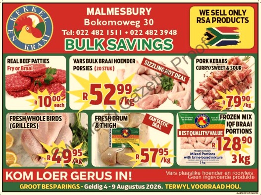 Kom loer gerus in by Kekkel en Kraai Malmesbury in Bokomo Weg 30 vir spesiale aanbiedinge, en spaar groot. Geldig van die 4 - 9 Augustus 2026. Terwyl voorraad hou! Kekkel en Kraai - Van die Plaas, Na die Tafel.!