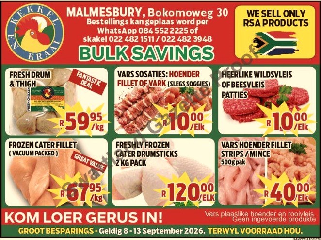 Kom loer gerus in by Kekkel en Kraai Malmesbury in Bokomo Weg 30 vir spesiale aanbiedinge, en spaar groot. Geldig van die 08 - 13 September 2026. Terwyl voorraad hou! Kekkel en Kraai - Van die Plaas, Na die Tafel.!