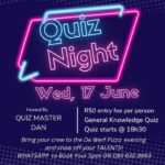 Join us on Wednesday, 17 June at De Werf Farmstall for an exciting evening of trivia and fun at our Special Quiz Night starting at 18h30. Enjoy delicious pizza, refreshing drinks, and an energizing atmosphere you won’t want to miss. To secure your spot, WhatsApp us at 083 630 8863 as spaces are limited. Rally your team, brush up on your trivia, and we’ll see you there for an unforgettable night!
