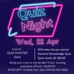 Join us on Wednesday, 17 April at De Werf Farmstall for an exciting evening of trivia and fun at our Special Quiz Night starting at 18h30. Enjoy delicious pizza, refreshing drinks, and an energizing atmosphere you won’t want to miss. To secure your spot, WhatsApp us at 083 630 8863 as spaces are limited. Rally your team, brush up on your trivia, and we’ll see you there for an unforgettable night!