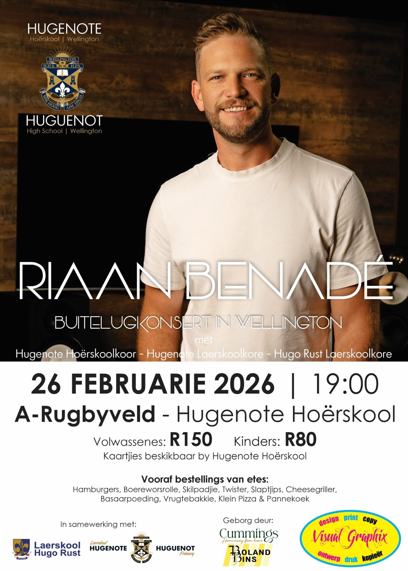 Maak gereed vir 'n onvergeetlike aand onder die sterre by die buitelugkonsert op 26 Februarie om 19:00, gehou by Hugenote Hoërskool A-Rugbyveld. Kaartjies is beskikbaar by die skool, en dit is noodsaaklik om vooraf jou etes te bestel om die aand ten volle te geniet. Maak seker jy bring 'n kombers of kampstoel saam om gemaklik te sit terwyl jy luister na die melodieuse klanke. Kom saam met vriende en familie vir 'n aand van vermaak en samesyn. Moet dit nie misloop nie!