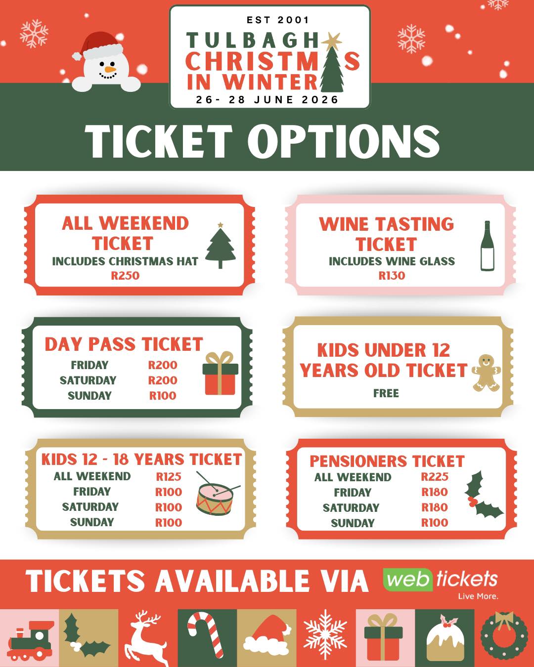 The 25th Anniversary of Christmas in Winter in Tulbagh promises to be a spectacular event, and the countdown has officially begun! The celebration will be on the 26 - 28th of June. Live music will add to the festive atmosphere, ensuring a joyous experience for all. We’ve got ticket options for everyone - weekend passes, day tickets, wine tastings and the best part? Kids under 12 are free. Purchase your tickets via Webtickets - https://www.webtickets.co.za/v2/event.aspx?itemid=1583490083