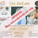 Ons wil graag almal in kennis stel dat ons Damesoggend ongelukkig uitgestel is weens omstandighede buite ons beheer. Ons sien steeds baie uit na hierdie spesiale geleentheid en is besig om aan ’n nuwe datum te werk. Meer besonderhede sal binnekort gedeel word. Meer avonture: perronfm.co.za (Adventure Calendar)