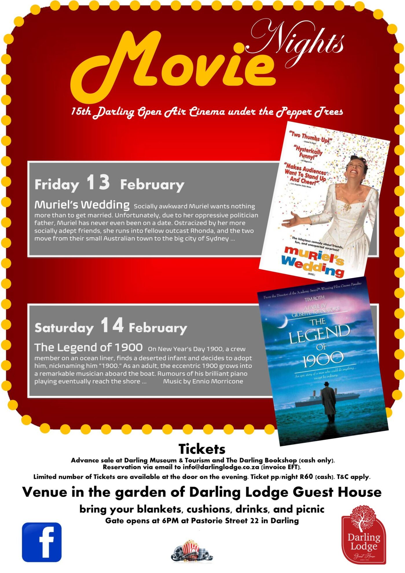 Get ready for a magical evening under the stars at the 15th Darling Open Air Cinema! Join us on the 14th and 15th of February at the Darling Lodge Guest House for a delightful cinematic experience amidst the enchanting pepper trees. Tickets are just R60 per person per night, and you can secure yours in advance at the Darling Museum & Tourism or the Darling Bookshop (cash only). Gates open at 6 PM at Pastorie Street 22 in Darling. Don’t forget to bring your blankets, cushions, drinks, and picnic to make it a cozy and entertaining night out with friends. See you there!