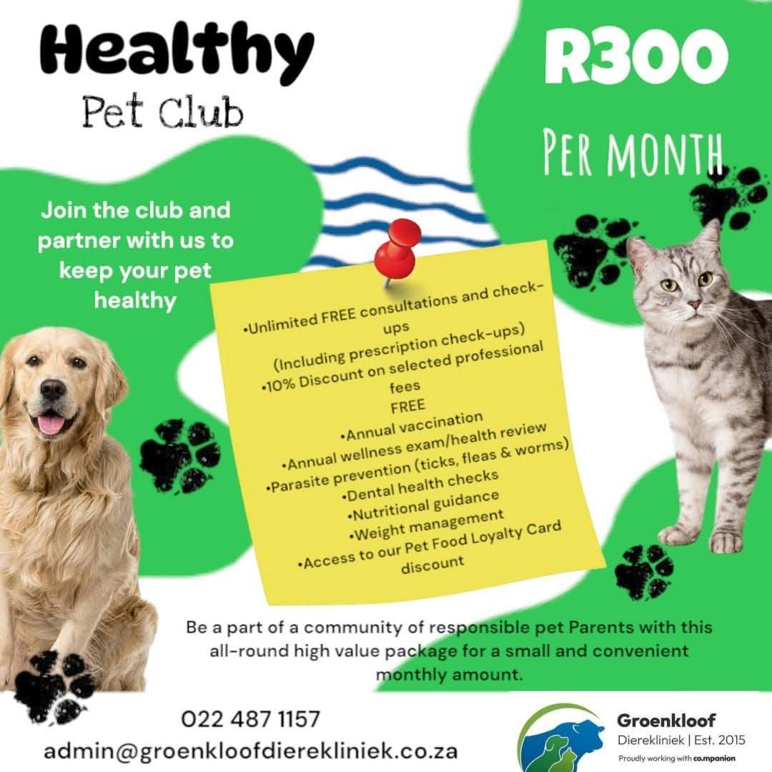 Sluit aan by Groenkloof Dierekliniek se Health Pet Club (HPC). Dit bied 'n reeks luukse voordele wat ontwerp is om jou troeteldier in optimale gesondheid te hou. Die jaarlikse lidmaatskapfooi is R300 per maand, toegewy aan die versekering van omvattende sorg vir een troeteldier. Vir meer inligting, kontak Groenkloof Diereliniek Malmesbury by 022 487 1157/Riebeek by 082 089 1234, of WhatsApp by 060 019 9467. 