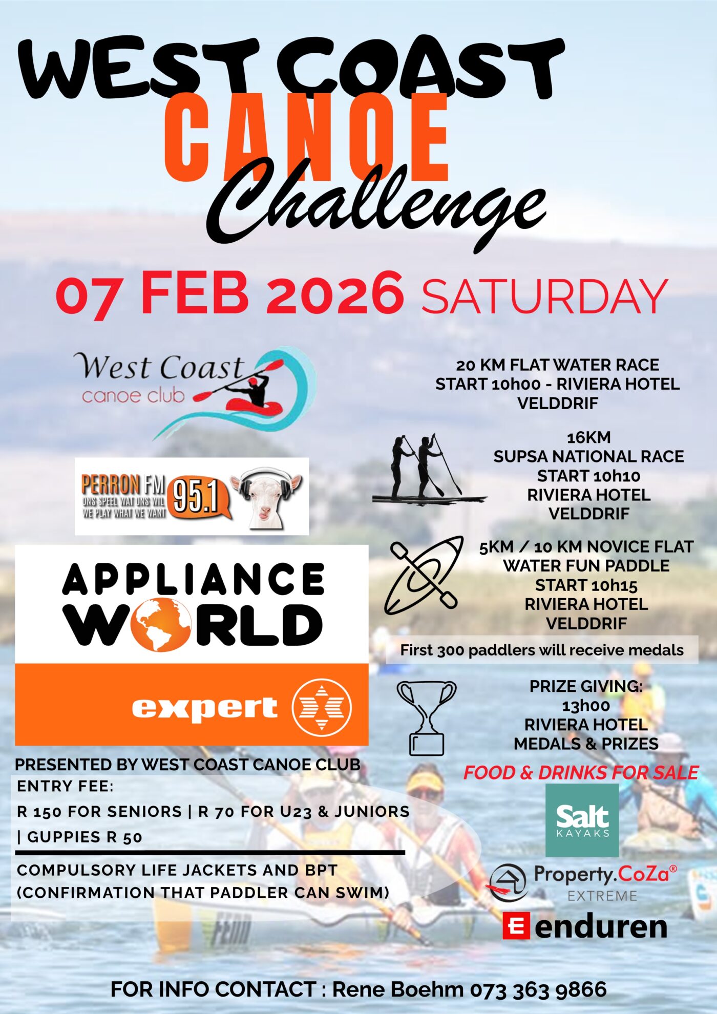 Join us for an exciting day on the water at the West Coast Canoe Challenge, proudly presented by Appliance World on the 7th of February. Whether you're a seasoned paddler or a beginner, there’s an event for everyone. Perron 95.1FM will provide live entertainment and broadcast from the event, offering attendees the opportunity to meet some of their favourite radio personalities. The event promises more than just competition; it’s a day of fun and community with food and drinks available for purchase. For more details, feel free to contact Rene Boehm at 073 363 9866. We look forward to seeing you there! Terms and conditions apply. To enter, please visit: https://bit.ly/3YOcRcx