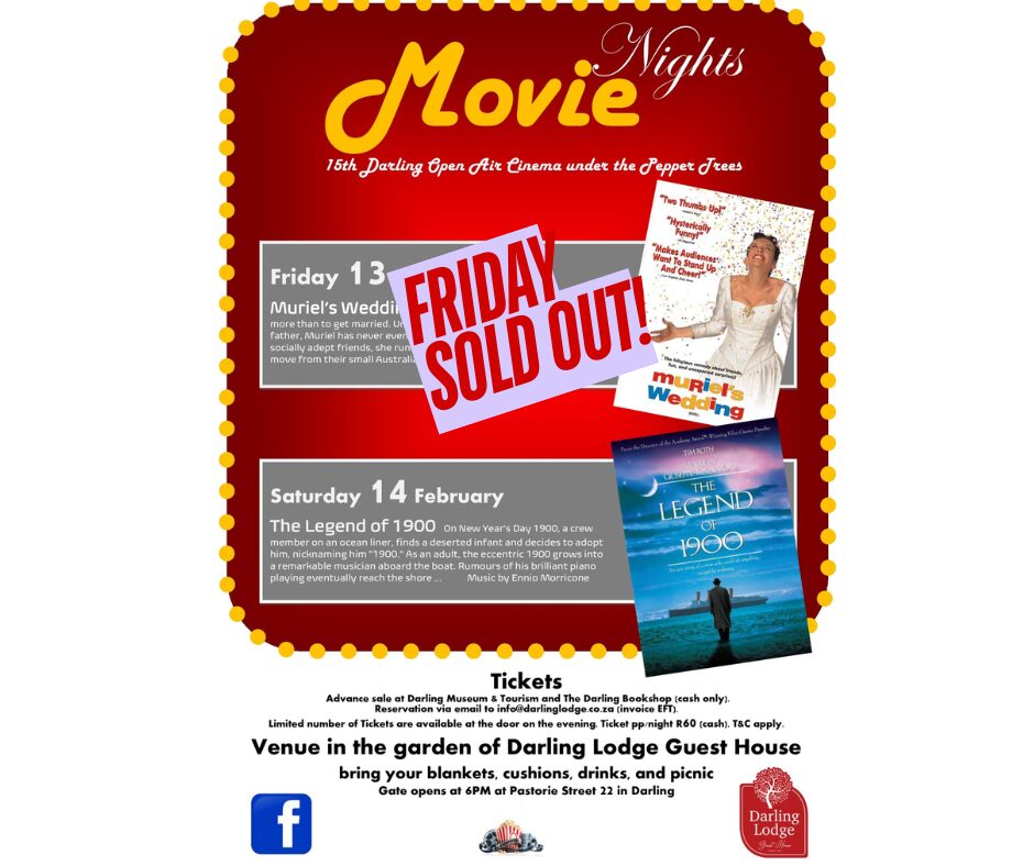Get ready for a magical evening under the stars at the 15th Darling Open Air Cinema! Join us on the 14th of February at the Darling Lodge Guest House for a delightful cinematic experience amidst the enchanting pepper trees. Tickets are just R60 per person per night, and you can secure yours in advance at the Darling Museum & Tourism or the Darling Bookshop (cash only). Gates open at 6 PM at Pastorie Street 22 in Darling. Don’t forget to bring your blankets, cushions, drinks, and picnic to make it a cozy and entertaining night out with friends. See you there!