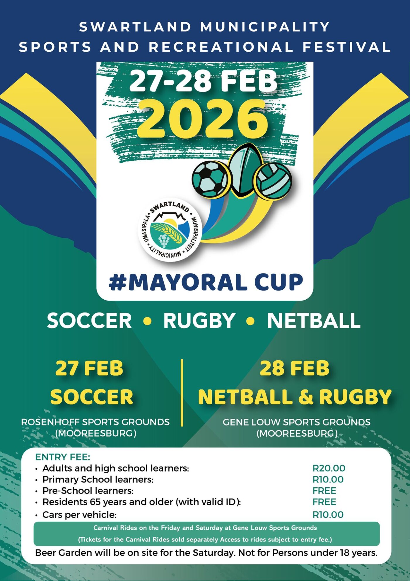The Swartland Sport and Recreation Festival, happening on February 27th and 28th at the Gene Louw Sports Grounds in Moorreesburg, promises a weekend of sports and fun. Highlights include the Sports Festival Mayoral Cup, with teams announced during a live draw on February 12th at 6 PM on the Swartland Municipality's Facebook channel. Carnival rides will be available both days, with tickets sold separately. Whether you’re into sports or just want to enjoy the festive vibe, this event is a great way to connect with the community.