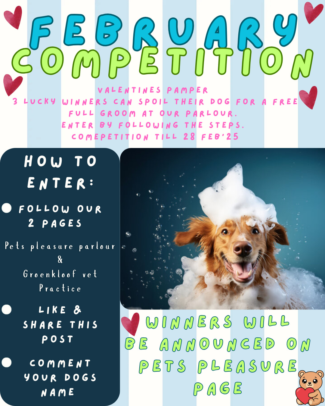 In February, we're rolling out the red carpet for our furry friends with a Valentine's pampering competition! Three lucky winners will get to spoil their pooch with a free full groom at Pets Pleasure Parlour. To join the fun, simply follow our pages—Pets Pleasure Parlour and Groenkloof Vet Practice—give the post some love by liking and sharing, and drop your dog's name in the comments. The winners will be revealed on the Pets Pleasure Parlour Facebook page. Competition wraps up on February 28, 2025. Let the best paws win!