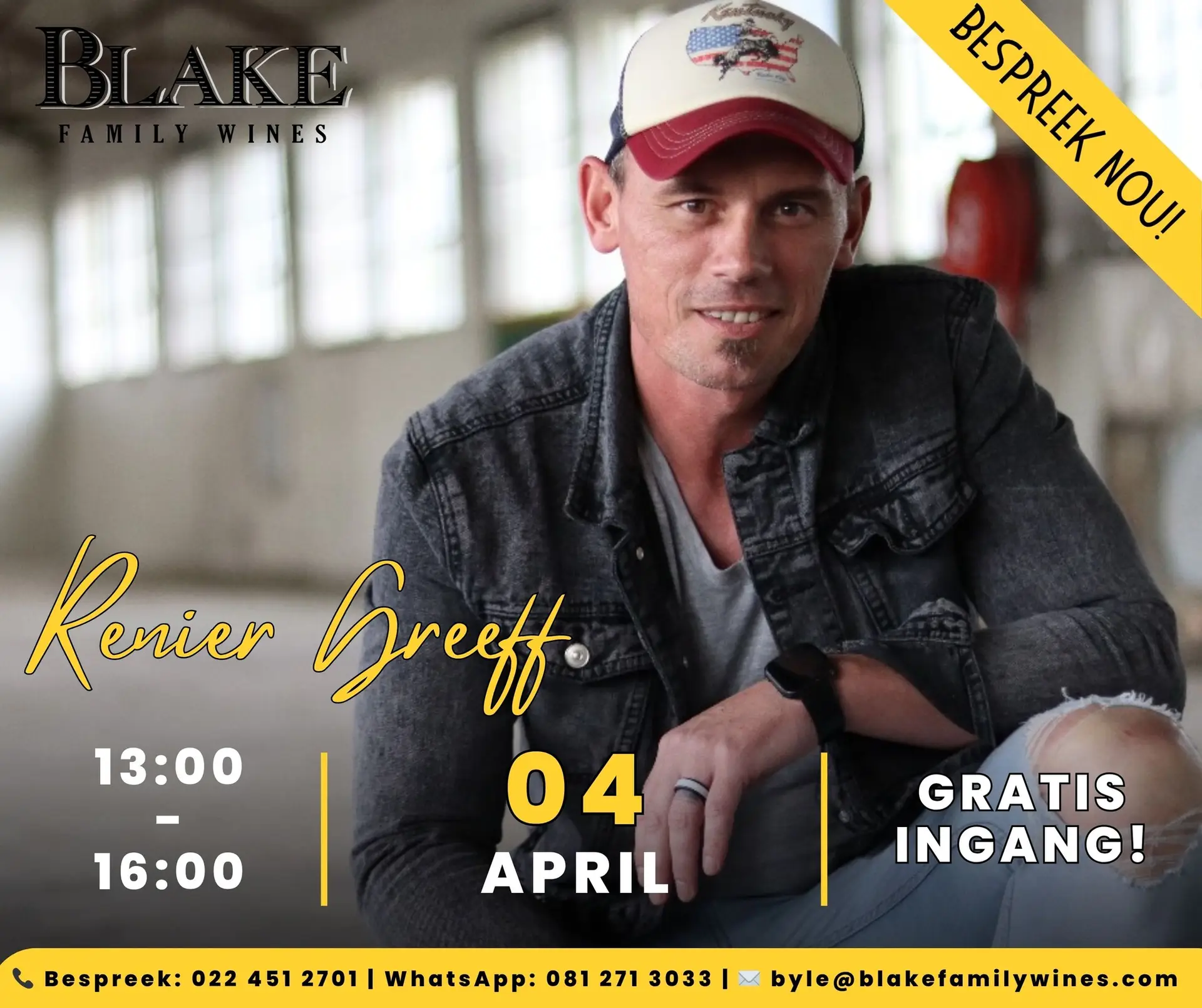 Maak jou Paasnaweek onvergeetlik by Blake Family Wines! Ons nooi jou hartlik uit om op 4 April 2026 tussen 13:00 en 16:00 saam met ons te kom kuier. Die talentvolle Renier Greeff sal die middag met sy musiek opkikker terwyl jy 'n glasie van ons fyn wyn geniet. Hierdie is 'n geleentheid wat jy nie wil misloop nie—kom ervaar die egte Weskus-atmosfeer. Besprekings kan gemaak word via telefoon by 022 451 2701, WhatsApp by 081 271 3033, of e-pos by byle@blakefamilywines.com. Kom vir die wyn, bly vir die musiek, en geniet ’n middag vol plesier!