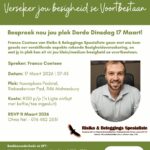 Het jy al jou plek bespreek vir Dinsdag 17 Maart? Dis meer as net 'n netwerkgeleentheid. Kom bou verhoudings, kry kennis en advies ('n belegging in jou besigheid en toekoms) en verander jou Dinsdag-oggend roetine - "a change is as good as a holiday". Spreker: Franco Coetsee van Risiko & Beleggings Spesialiste gaan met ons kom gesels oor verskillende aspekte rakende Besigheidsversekering, en wat jy in plek kan sit vir jou klein/medium besigheid se voortbestaan. 17 Maart 2026 | 07:45 Nuweplaas Padstal, Riebeeksrivier Pad, R46 Malmesbury (Nuweplaas Padstal is net 12min buite Malmesbury). RSVP teen 11 Maart 2026 & maak jou EFT om jou plek te verseker! Vir besprekings kontak Ohna Nel - 076 482 2531.