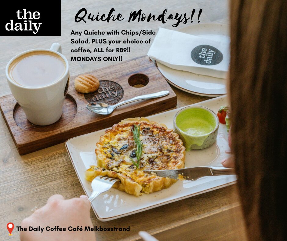 Quiche Mondays at The Daily Coffee Café in Melkbosstrand offer a delicious start to your week. For R89, enjoy any quiche with crispy chips or a fresh salad, plus your choice of coffee. It's a perfect excuse to savor a cozy café atmosphere.