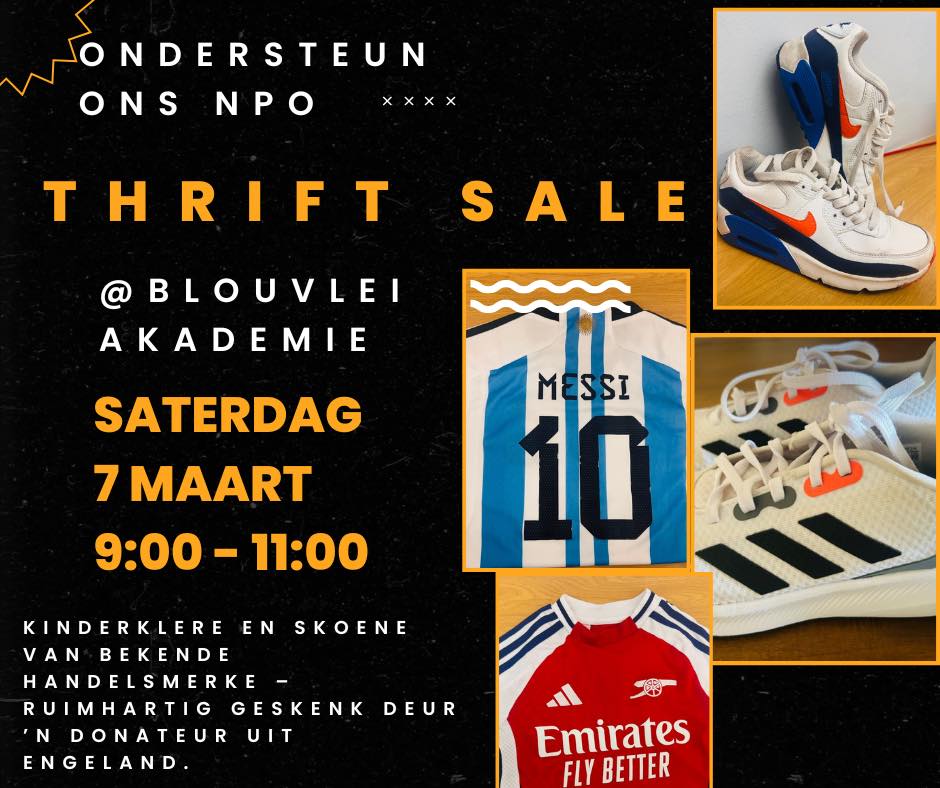 Die Blouvlei Akademie Thrift Sale is 'n opwindende geleentheid wat 'n wonderlike geleentheid bied vir die gemeenskap om saam te kom en 'n goeie doel te ondersteun. Dit vind plaas op Saterdag, 7 Maart, van 09:00 tot 11:00 by Blouvleiweg in Wellington. Merk dit op jou kalender en sluit aan by die pret terwyl jy 'n positiewe impak maak!