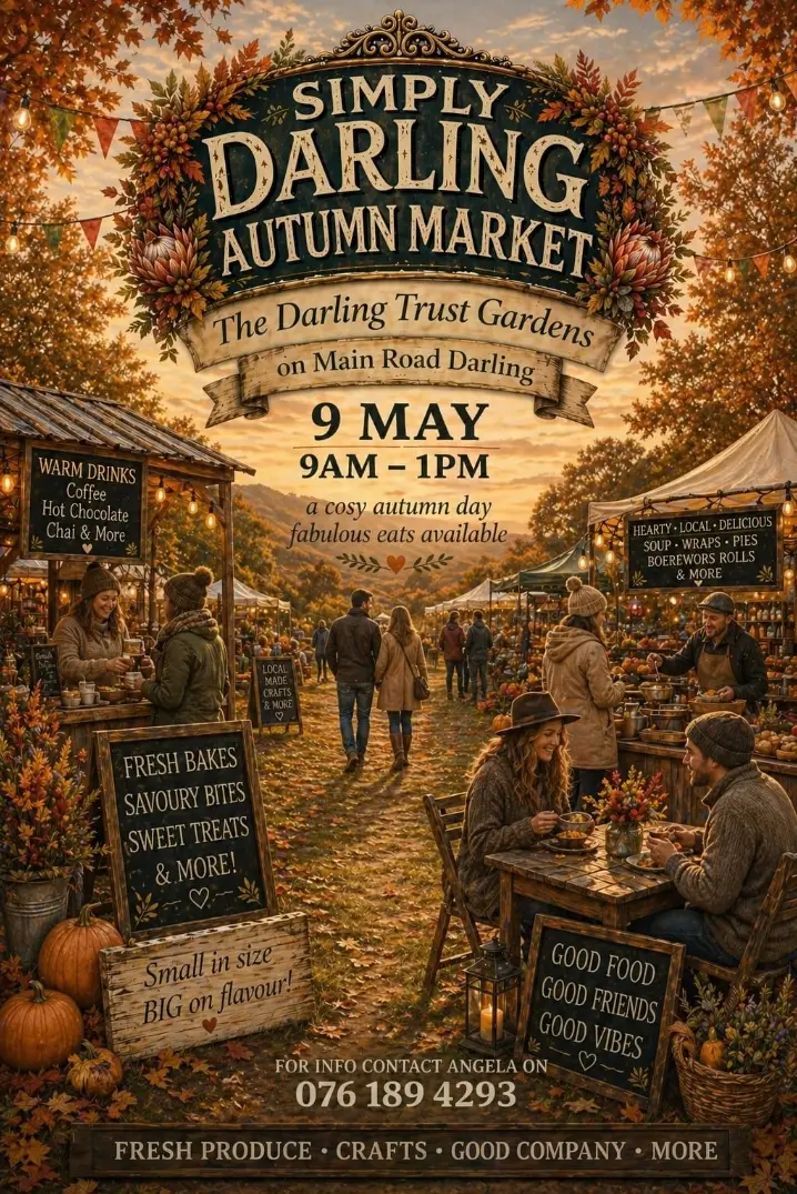 Join The Darling Trust Gardens on 09 May 2026 from 9am–1pm! Expect local artisans, delicious homemade treats, unique crafts and live entertainment — all in the heart of Darling. Come support local and enjoy a relaxed day out with family and friends. For more info contact Angela on 076 189 4293.