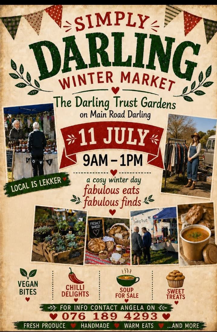 Join The Darling Trust Gardens on 11 July 2026 from 9am–1pm! Expect local artisans, delicious homemade treats, unique crafts and live entertainment — all in the heart of Darling. Come support local and enjoy a relaxed day out with family and friends. For more info contact Angela on 076 189 4293.