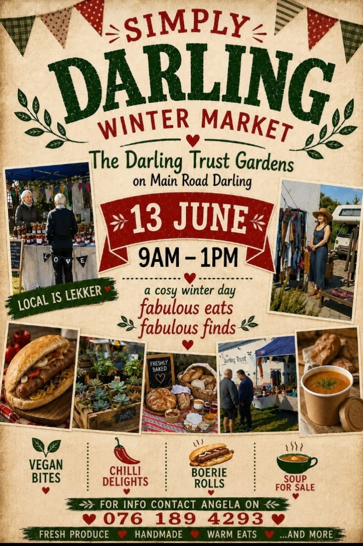Join The Darling Trust Gardens on 13 June 2026 from 9am–1pm! Expect local artisans, delicious homemade treats, unique crafts and live entertainment — all in the heart of Darling. Come support local and enjoy a relaxed day out with family and friends. For more info contact Angela on 076 189 4293.