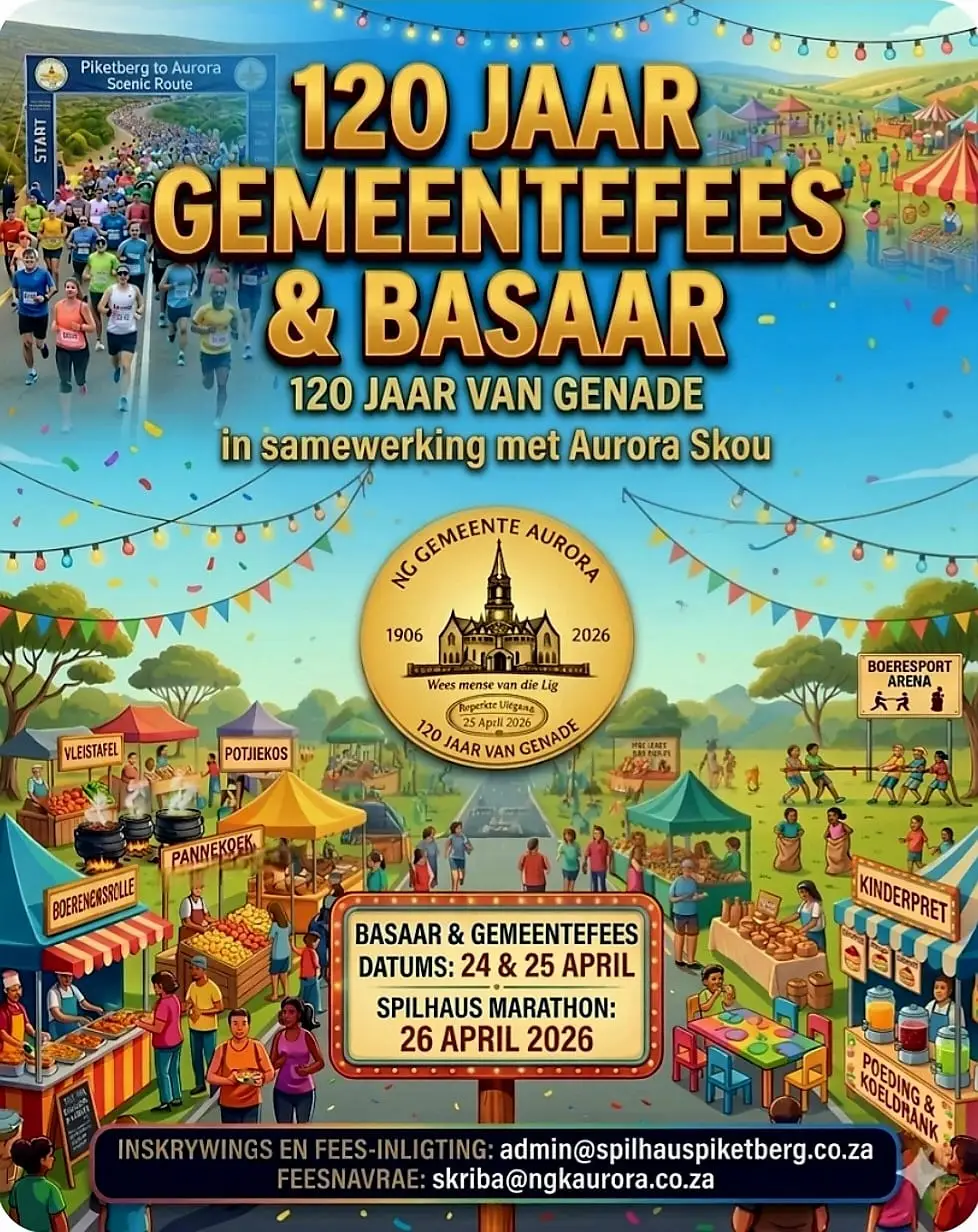 Die 120-jarige herdenking van die NG Kerk Aurora Gemeentefees en Basaar saam met die Aurora Skou vind op 24 en 25 April plaas, met die Spilhaus Marathon op 26 April 2026. Feesgangers kan uitsien na 'n verskeidenheid aktiwiteite en kosopsies, insluitend smaaklike boereworsrolle, heerlike potjiekos, 'n uitgebreide vleistafel en pret vir die kinders. Vir meer inligting oor inskrywings en die fees, kontak admin@spilhauspiketberg.co.za, en vir navrae rakende die fees, e-pos skriba@ngkaurora.co.za. Dit beloof om 'n onvergeetlike viering van genade en gemeenskap te wees!
