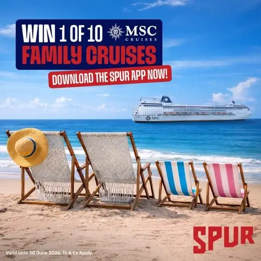 Exciting news for all Spur fans! Stand a chance to win one of ten family cruises to Mozambique by downloading the Spur App and spending R250 or more. Whether you're a new Spur fam member or a long-time regular, everyone gets a shot at fun. Don't miss this chance to create lasting memories. Bon voyage! Ts & Cs apply. 