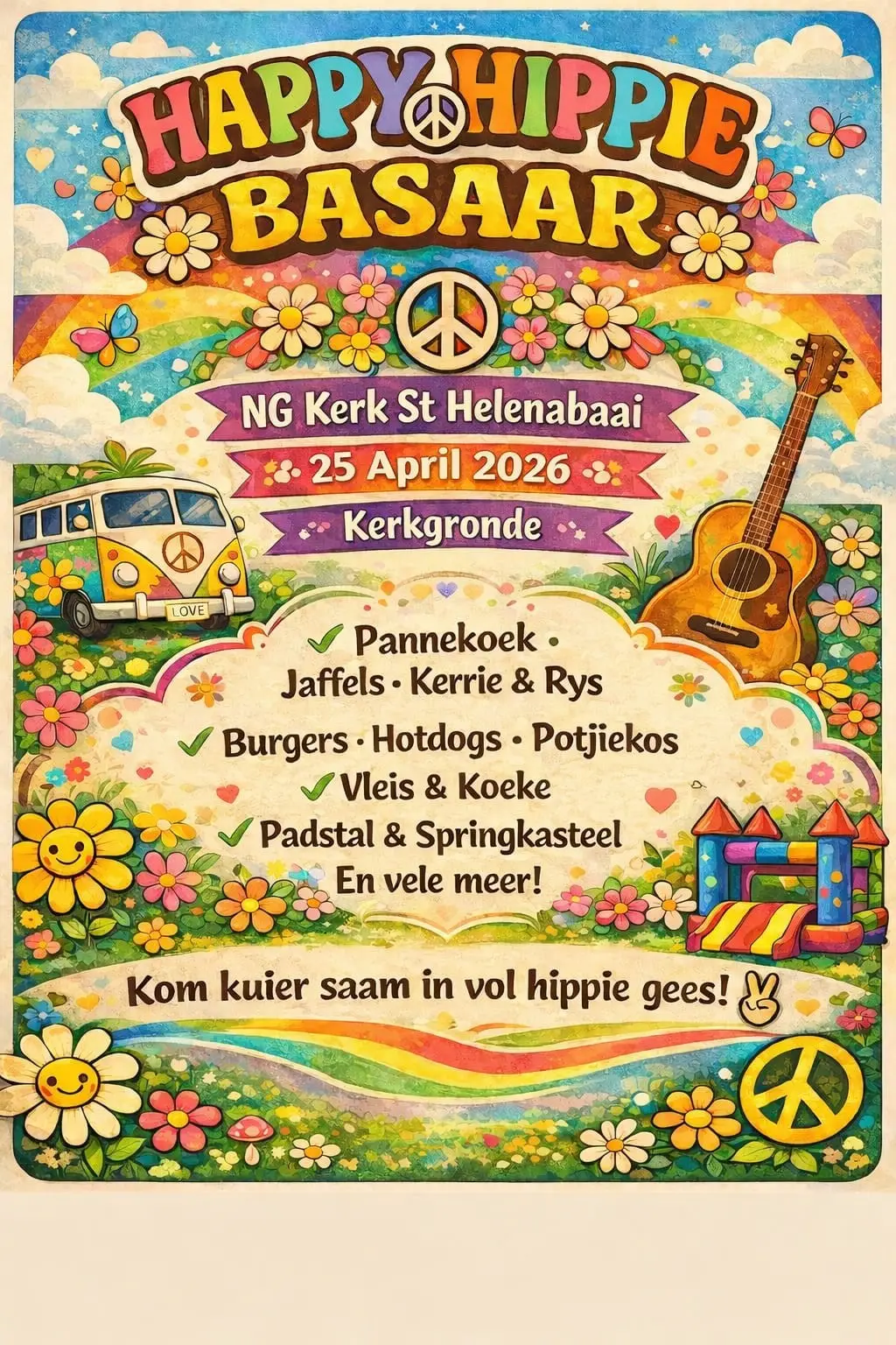 NG Kerk St.Helenabaai hou basaar. Dit vind plaas op 25 April 2026, op die kerkgronde. Daar gaan alles wees wat mens by 'n basaar kan kry en meer. Van pannekoek, worsbroodjies, melkkos, potjiekos, jaffels, sosaties, kerrie en rys, koeke en gebak, vleis, n padstal, 'n wit olifant tafel wees met baie oulike items, springkasteel, teetuin, lewendige musiek en nog baie meer. Die tema is Happy Hippie. Bring jou familie en vriende saam!. 