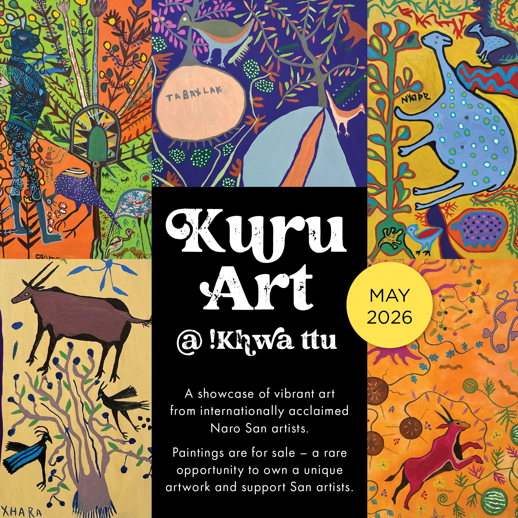 Looking for something unique this May Day? Visit the !Khwa ttu heritage center for the debut of the Kuru Art @!Khwa ttu exhibition. Enjoy free entry to our museums on the first of every month and explore the rich culture of the San people through vibrant contemporary art. The exhibition runs throughout May, offering artworks for purchase. Don't miss out— Make !Khwa ttu your destination for art and inspiration.