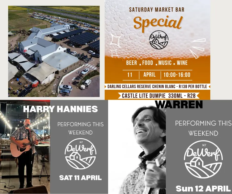 Enjoy a vibrant weekend at De Werf with live music, refreshing drinks, and a lively atmosphere. On Saturday, 11th April, catch Harry Hannies and enjoy market bar specials from 10:00 to 16:00, like Darling Cellars Reserve Chenin Blanc for R138 or a Castle Lite Dumpie for R28. On Sunday, 12th April, experience a live performance by Warren. Bring friends and family to enjoy great vibes, delicious food, and unforgettable memories!