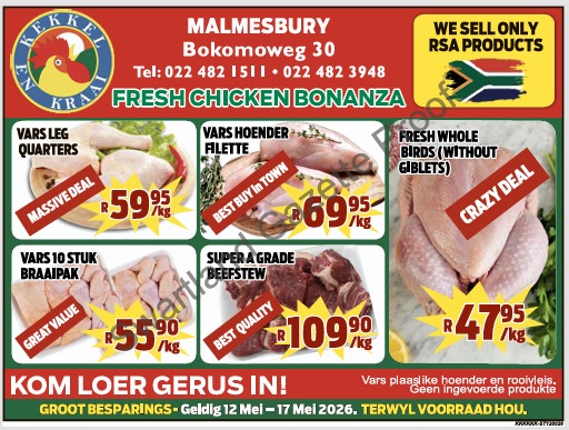 Kekkel en Kraai in Malmesbury bied 'n wonderlike geleentheid om groot te spaar met ons spesiale aanbiedinge van 12 - 17 Mei. Besoek ons gerus by Bokomo Weg 30, om voordeel te trek uit hierdie fantastiese promosies. Aanbod geldig terwyl voorraad hou. Kekkel en Kraai Malmesbury - Van die Plaas, Na die Tafel. Besoek ook die PERRONFM 95.1 events kalender vir meer inligting.
