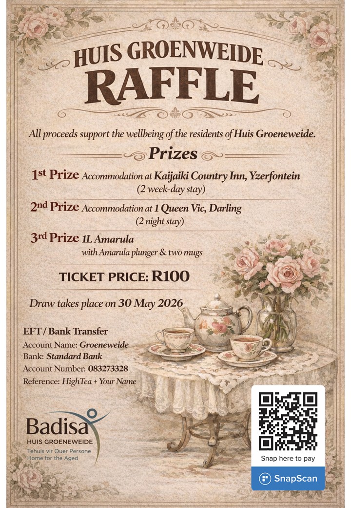 Huis Groeneweide in Fontein Street, Darling, is excited to announce its upcoming raffle event, with some lovely prizes up for grabs! By purchasing a raffle ticket, you are not only entering to win, but more importantly, you are supporting a cause that directly impacts the lives of individuals in our community. All proceeds go towards supporting the wellbeing of their residents. Get involved and make a difference in our community!.