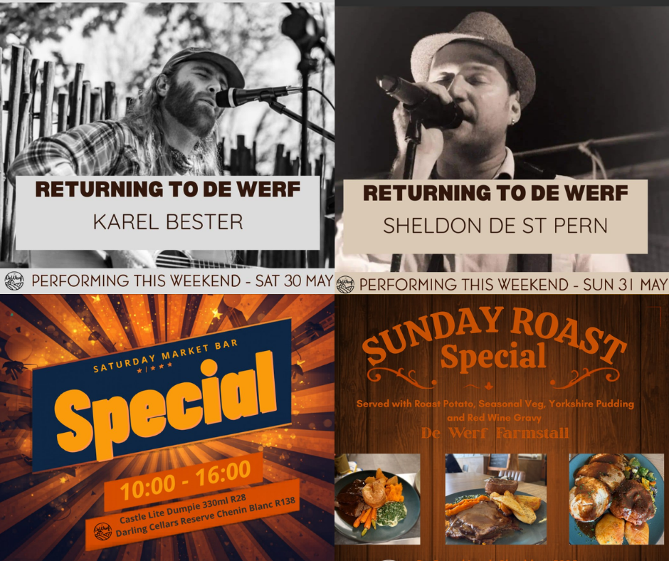 This weekend at De Werf promises good food, live music, and market vibes! On Saturday, May 30th, enjoy Karel Bester's tunes and specials from the Market Bar. On Sunday, May 31st, relish live music by Sheldon De St Pern and a Sunday Roast with options like lamb shoulder or beef topside. Book your table now for a memorable weekend at De Werf Farmstall! Reserve your spot now!