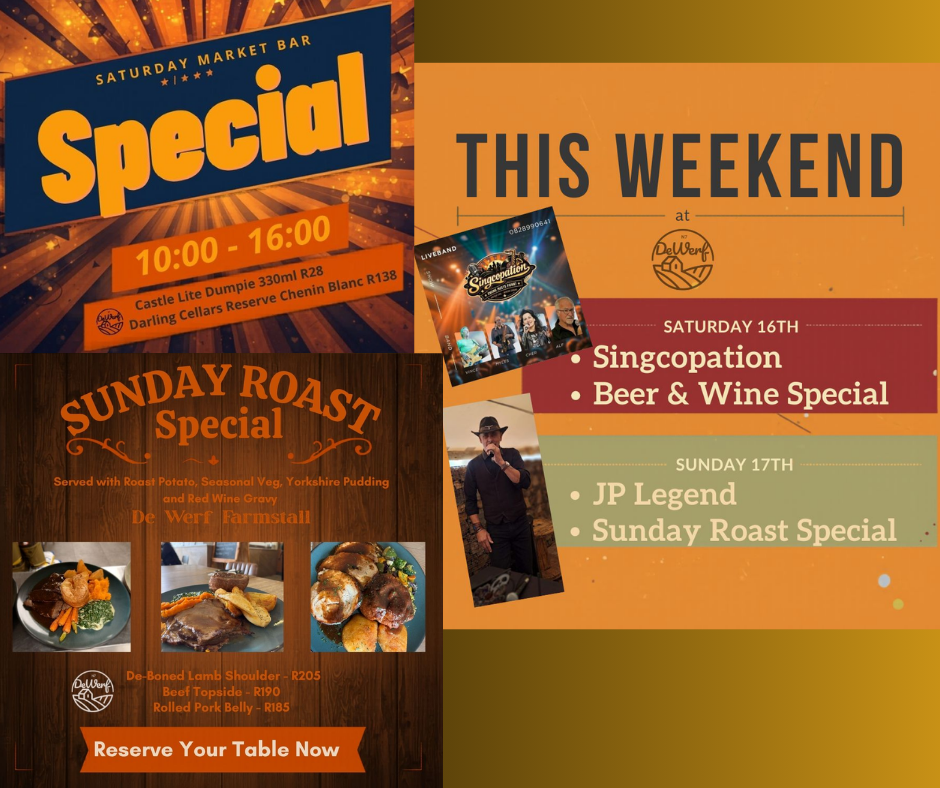Get ready for a memorable weekend at De Werf! 🌟 Enjoy live music, tasty food, refreshing drinks, and a lively market atmosphere, all just off the N7. On Saturday, Singcopation will captivate you, and on Sunday, JP Legend will serenade you. Don’t miss our Saturday Market Bar Special and indulge in our signature Sunday Roast, a comforting feast reminiscent of home.  Enjoy relaxed family time and delicious meals. Come as you are and bring the whole family to soak up the warm hospitality. For more details, call +27 64 867 8578, email engendewerf@dewerf.co.za, or visit https://dewerf.co.za/. Find us just off the N7 at the Philadelphia turn-off, behind the new Engen. See you there! 🌻