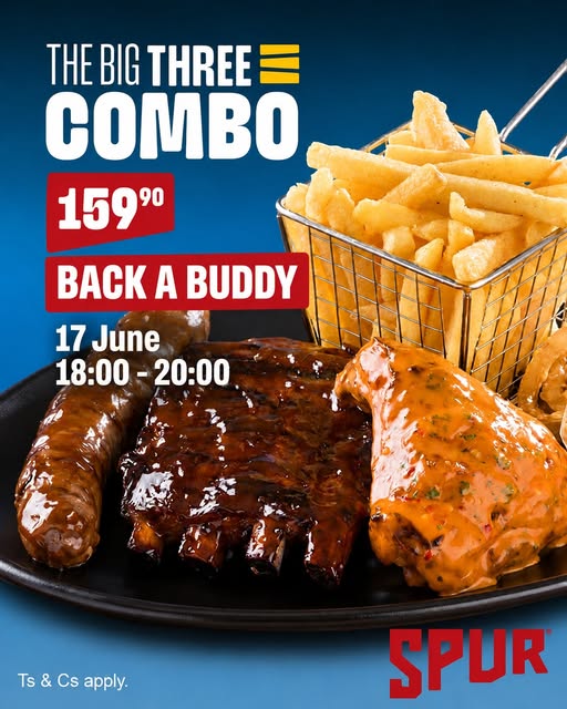 Join us in supporting Hoërskool Swartland's rising rugby stars! On Wednesday, 17 June, from 18:00 to 20:00, enjoy a "Back a Buddy" Evening at Sabino Canyon Spur, De Zwartland Markt, Malmesbury. Savor The Big Three Combo for R159.90 or any favorite dish, with part of the proceeds aiding their rugby tour. Let's show our community spirit and cheer on our talented athletes! Bring your family, your friends, and your appetite. See you there!