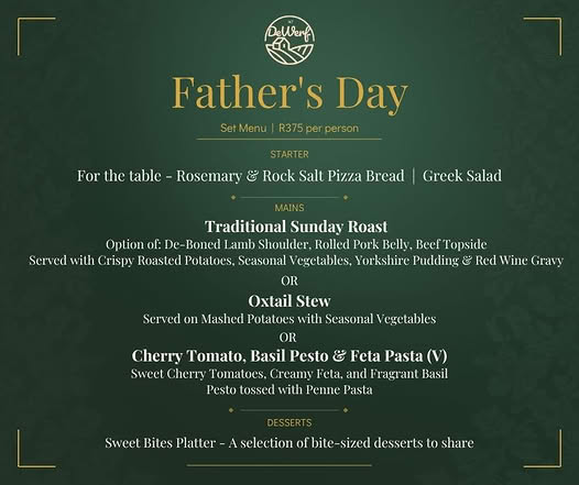 Celebrate Father’s Day at De Werf and make it a memorable occasion for your dad! Treat him to a delectable Father’s Day meal with our exclusive Set Menu, priced at R375 per person. To ensure a smooth experience, please be aware of our booking structure. Secure your spot for this special day by making a booking, as it is essential. Contact us at 064 867 8578 to reserve your table and show your dad how much he means to you with a fabulous meal.