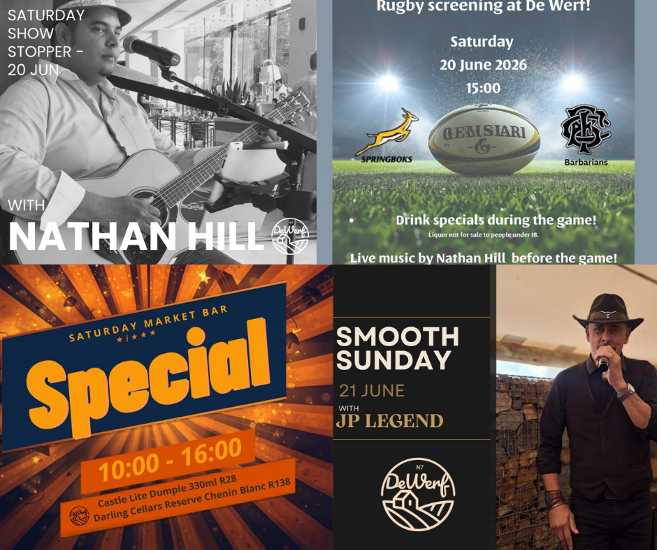 Join us for an unforgettable Saturday at De Werf on 20 June, where good vibes are guaranteed! The day kicks off with an exhilarating rugby screening as the Springboks take on the Barbarians at 15:00. Before the game, enjoy live music with Nathan Hill during our Show Stopper Saturday event, setting the perfect atmosphere for an action-packed day. The festivities continue on Sunday, 21 June, with JP serenading us on Father’s Day. Take advantage of our Saturday Market Bar Specials from 10:00 to 16:00. Bring your friends, savor a drink, enjoy the tunes, and cheer on the Boks with us! For bookings, give us a call at 064 867 8578. Don’t miss out on the fun!