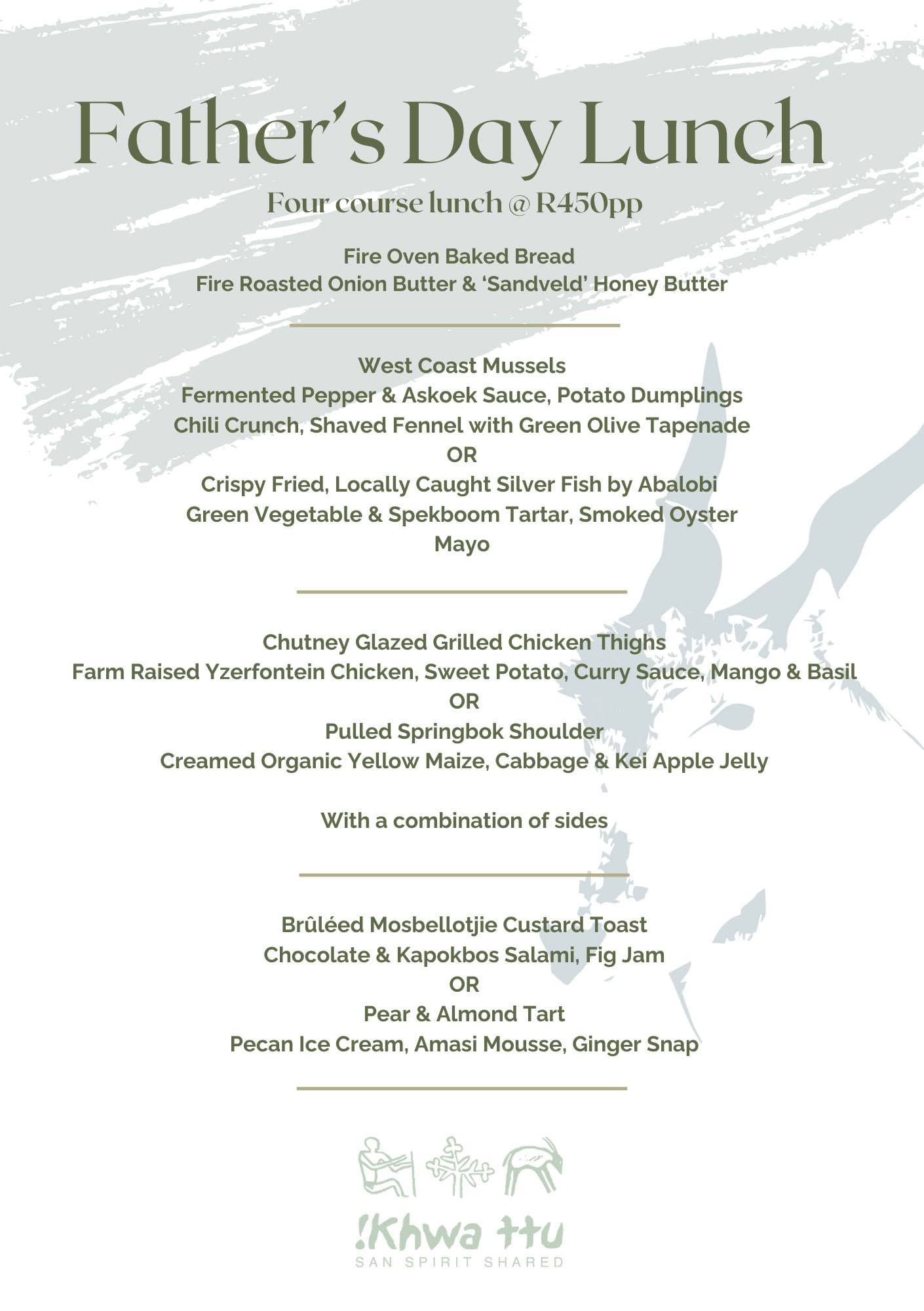 Celebrate Father's Day with an unforgettable lunch at !Khwa ttu, nestled in the scenic Grootwater Farm along the R27, Yzerfontein. On June 21st, treat your dad to a unique dining experience surrounded by the beauty of nature. To ensure your spot at this special event, make your reservation today by emailing bookings@khwattu.org or calling 022 492 2998. Don’t miss out on this opportunity to honor your father in such a remarkable setting!